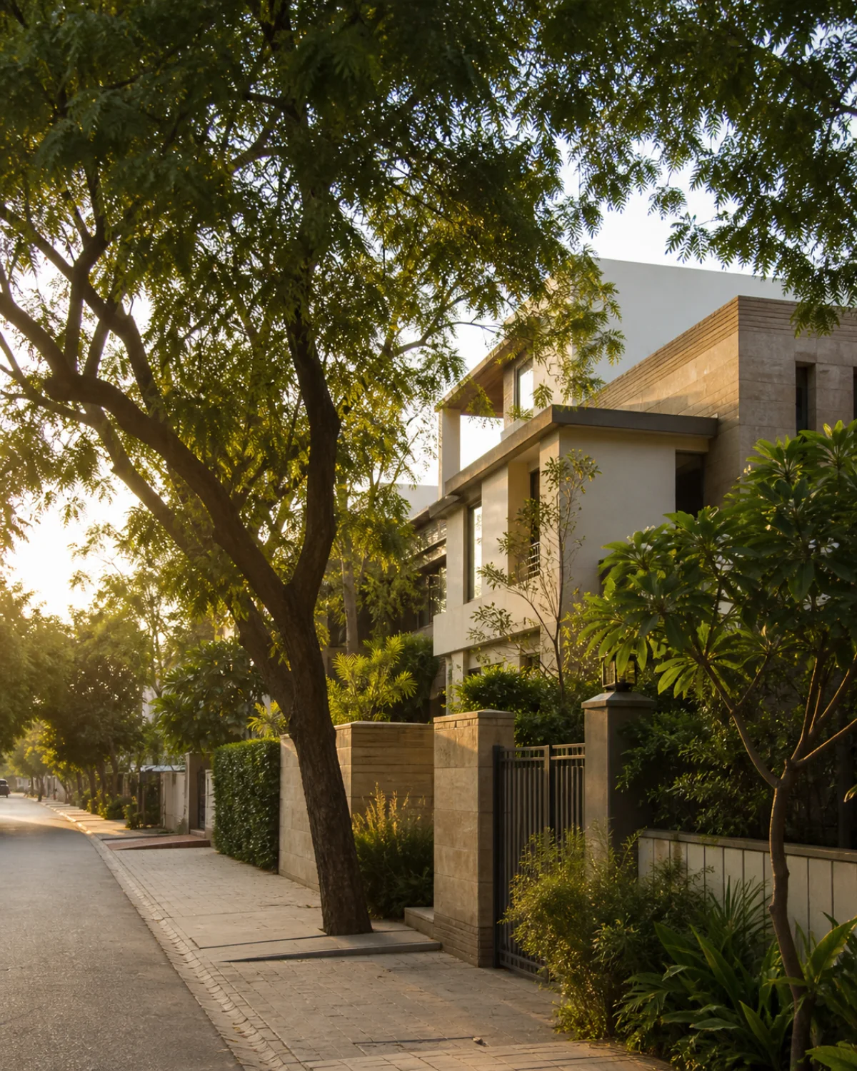 Tree-lined premium residential street in Bopal, Ahmedabad