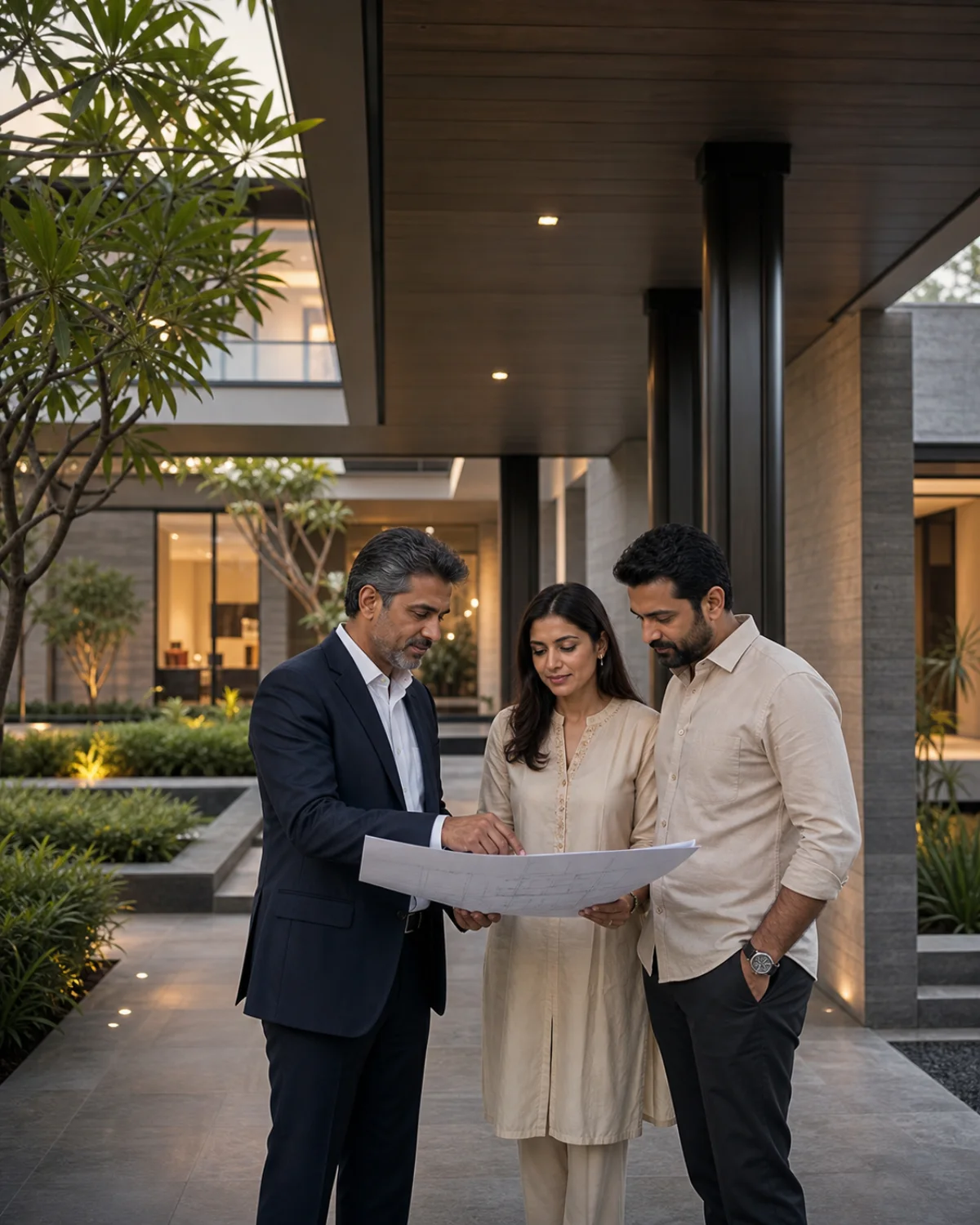 Property advisor reviewing plans with clients at a premium Ahmedabad bungalow